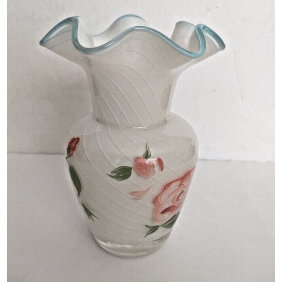 Fenton Designed Teleflora White Opalescent Vase Blue Crest Ruffled Hand Painted - Picture 3 of 11